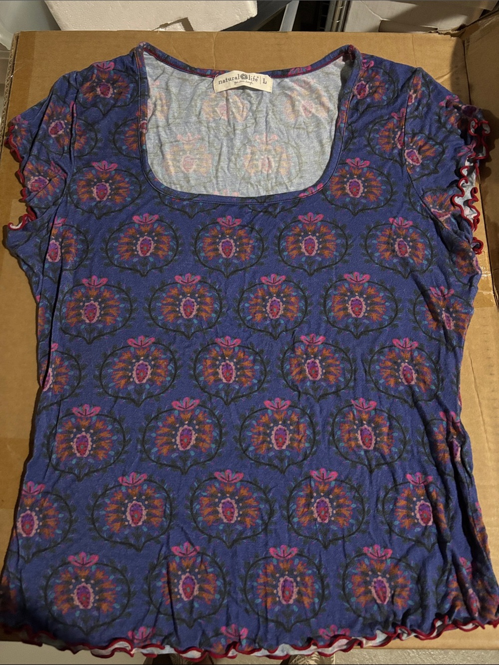 NATURAL LIFE Purple on Blue Floral Scoop Neck Short Sleeve Top